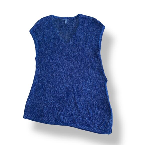 Eileen Fisher Organic Linen Asymmetrical Open Knit Sweater Womens Size M Navy - Picture 5 of 7